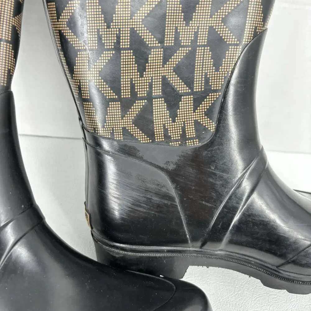 Michael Kors Tall Rain Boots Women's Size 7 Black Signature Logo Waterproof - Picture 7 of 13
